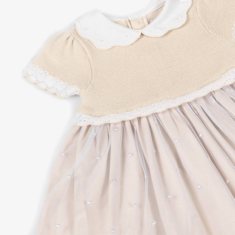 Emile et Rose-Бежевое и белое платье с деталями для девочек | Childrensalon Outlet