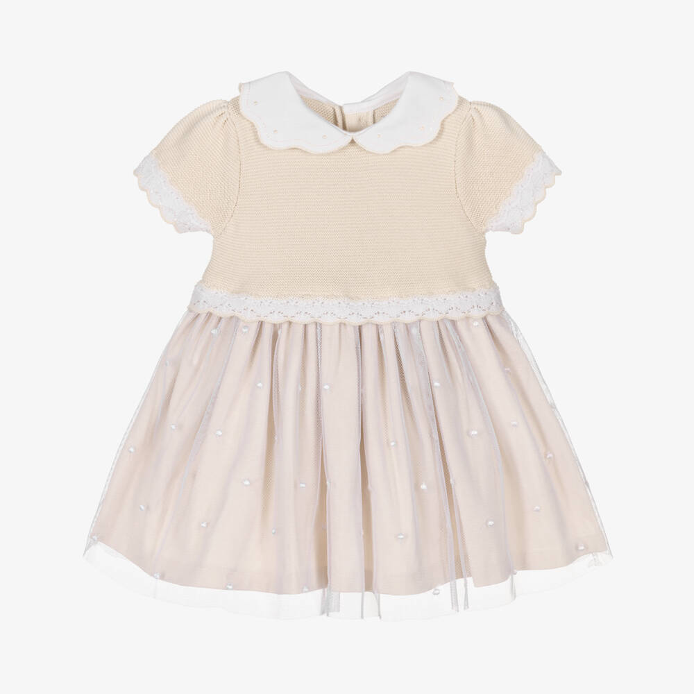 Emile et Rose-Бежевое и белое платье с деталями для девочек | Childrensalon Outlet
