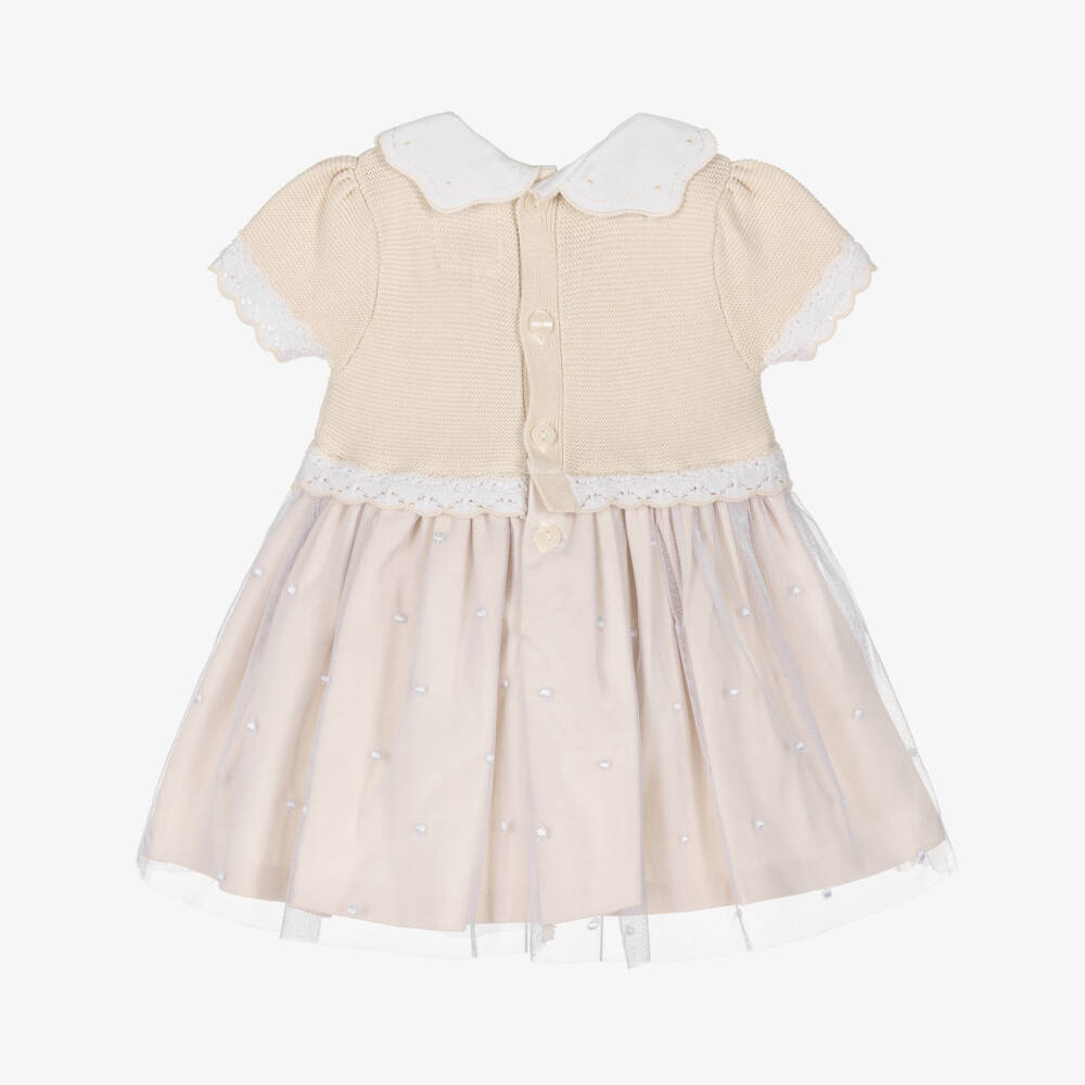 Emile et Rose-Бежевое и белое платье с деталями для девочек | Childrensalon Outlet