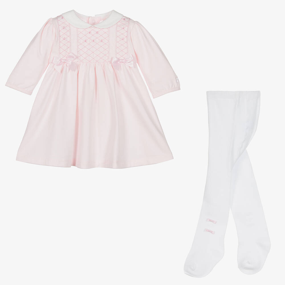 Emile et Rose - طقم فستان وكولون قطن لون زهري وأبيض للمولودات | Childrensalon