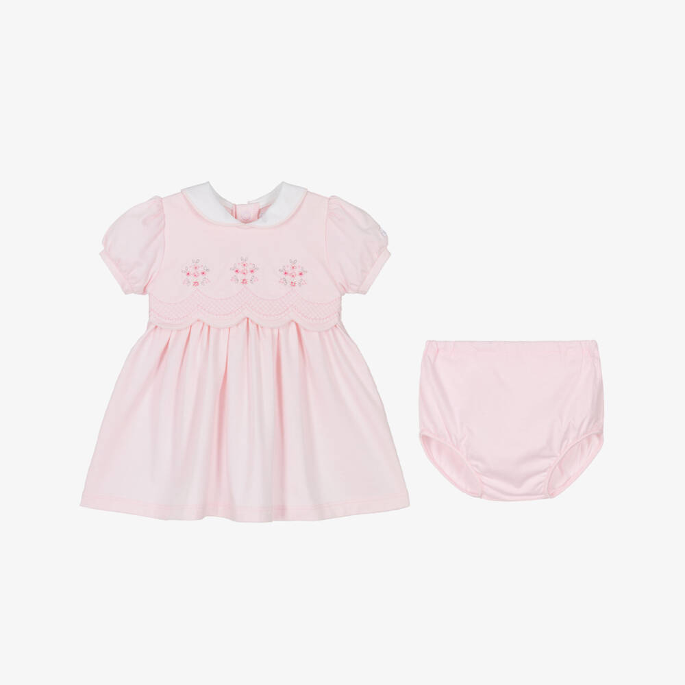 Emile et Rose-Baby Girls Pink Cotton Dress with Floral Embroidery | Childrensalon Outlet