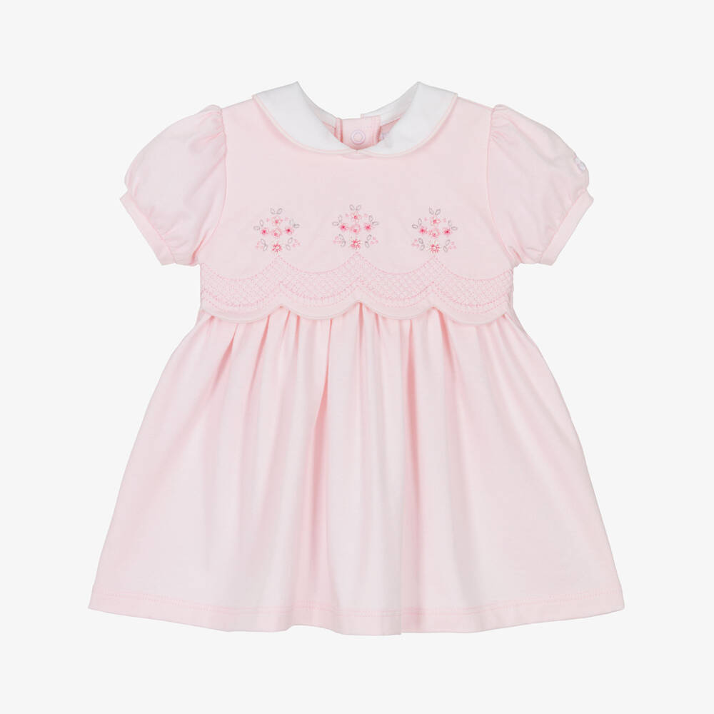 Emile et Rose-Baby Girls Pink Cotton Dress with Floral Embroidery | Childrensalon Outlet