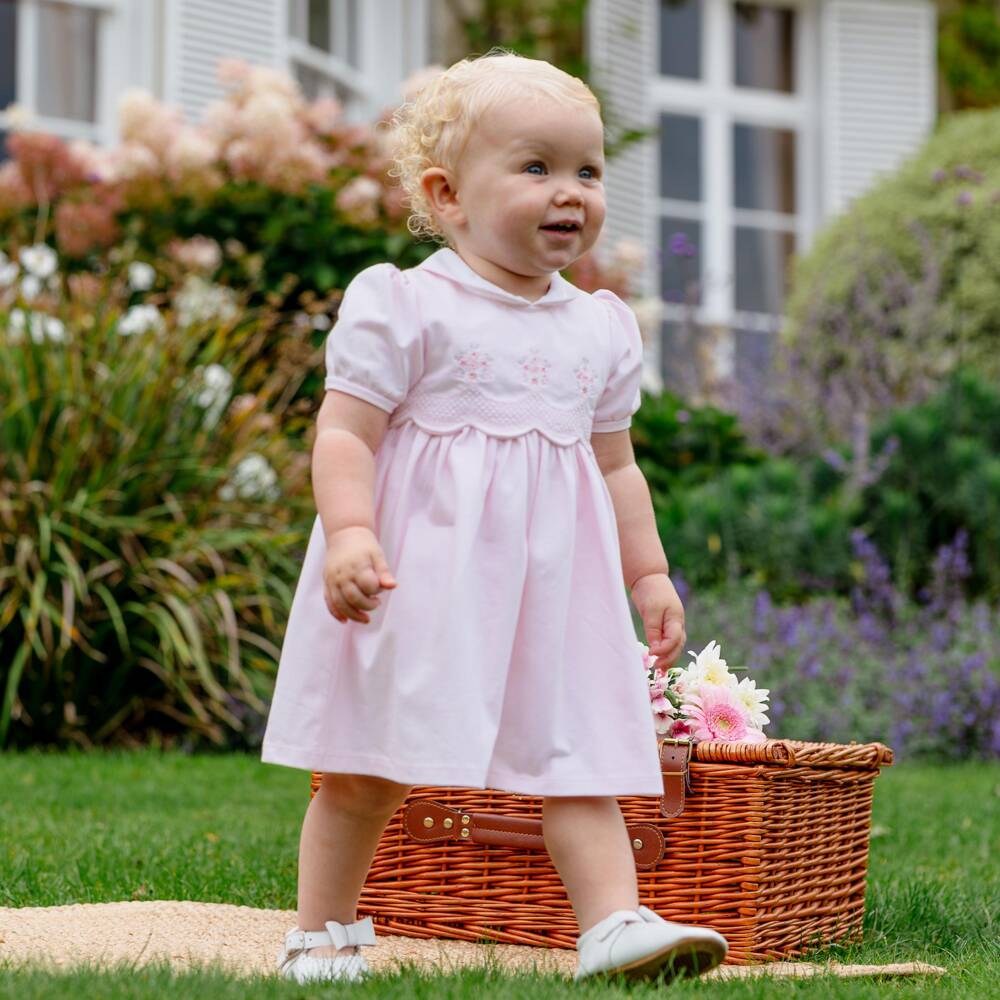 Emile et Rose-Baby Girls Pink Cotton Dress with Floral Embroidery | Childrensalon Outlet