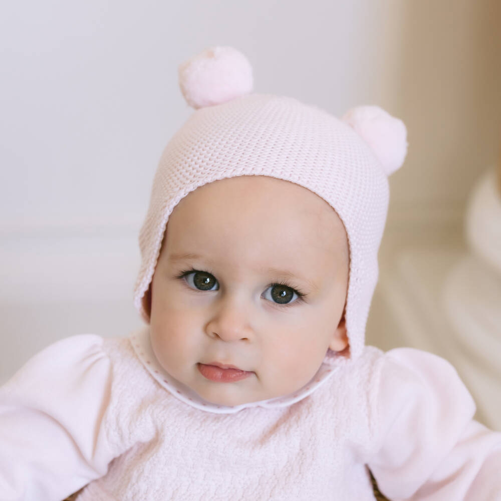 Emile et Rose-Baby Girls Pink Cotton Knit Pom-Pom Hat | Childrensalon Outlet