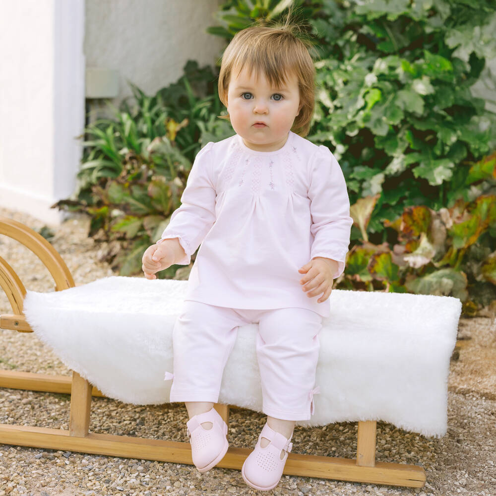 Emile et Rose-Baby Girls Pink Cotton Trouser Set with Floral Embroidery | Childrensalon Outlet