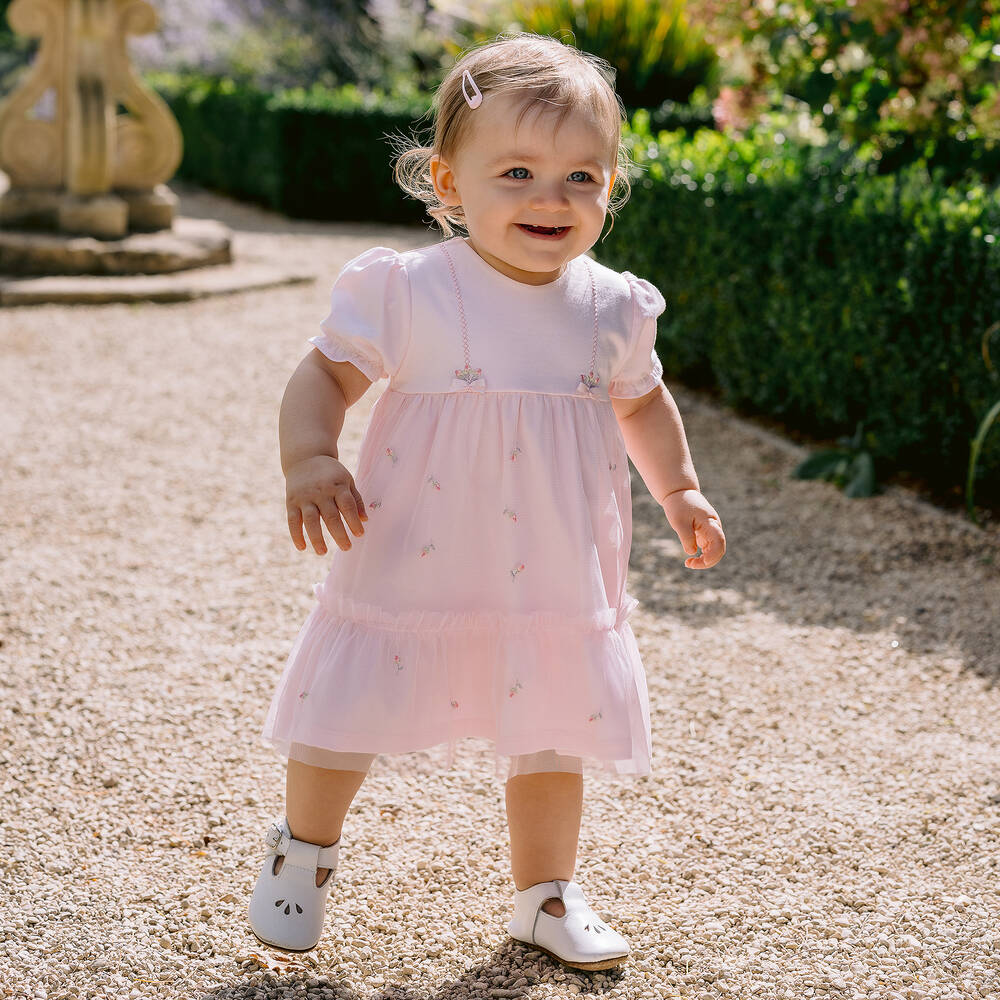 Emile et Rose-فستان قطن جيرسي لون زهري مطرز بورود للمولودات | Childrensalon Outlet