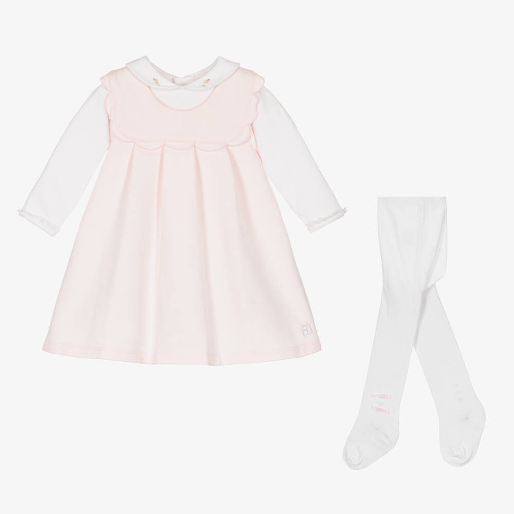 Emile et Rose - طقم فستان قطن جيرسي لون زهري وأبيض للمولودات | Childrensalon