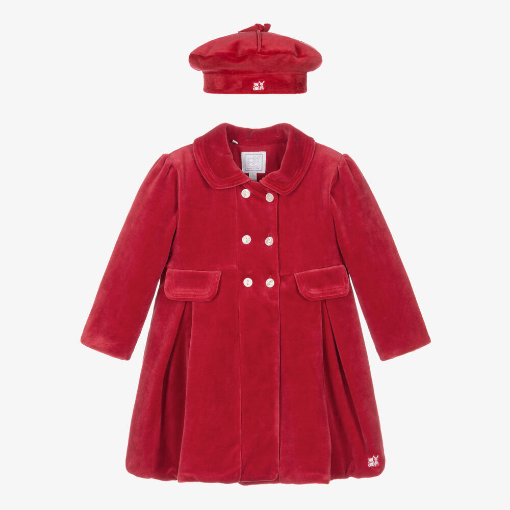 Emile et Rose - طقم معطف وقبعة قطن قطيفة لون أحمر للمولودات | Childrensalon