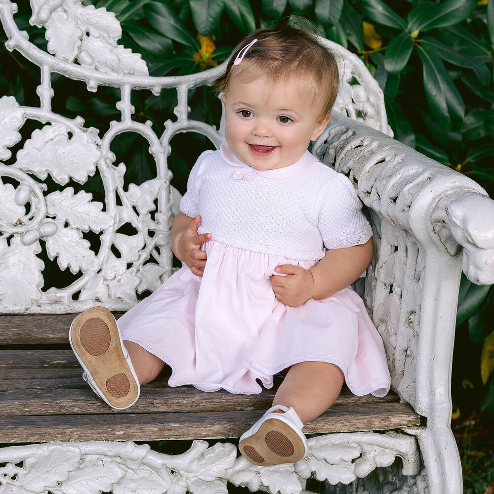 Emile et Rose Baby Girls White Pink Cotton Dress