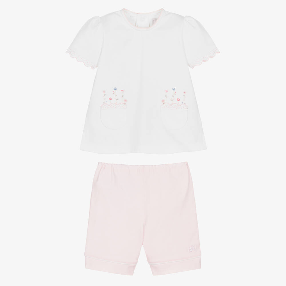 Emile et Rose-Baby Girls White & Pink Cotton Floral Embroidered Shorts Set | Childrensalon Outlet