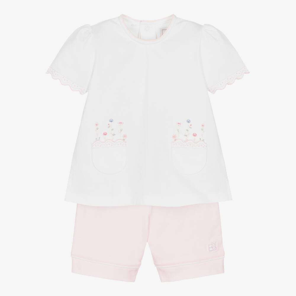 Emile et Rose-Baby Girls White & Pink Cotton Floral Embroidered Shorts Set | Childrensalon Outlet