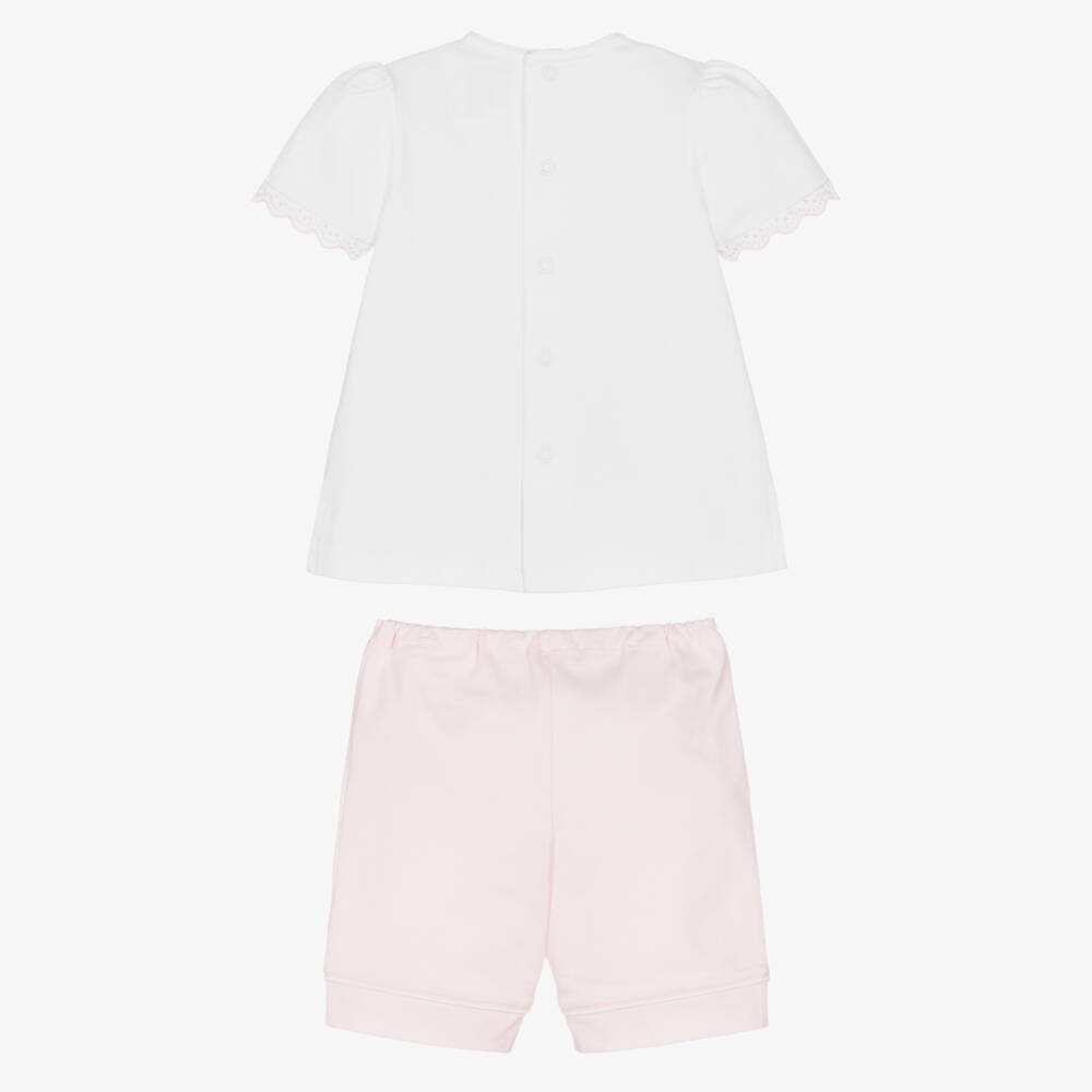 Emile et Rose-Baby Girls White & Pink Cotton Floral Embroidered Shorts Set | Childrensalon Outlet