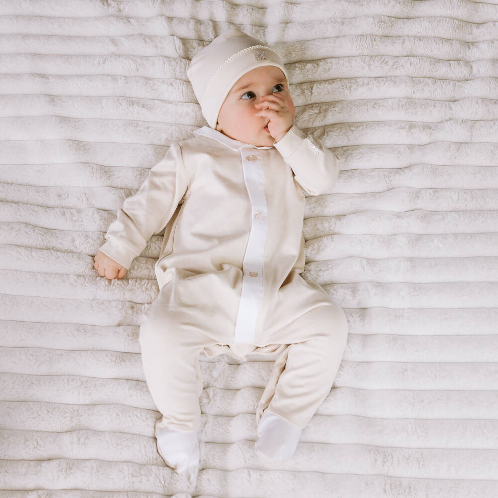 Emile et Rose-Beige Cotton Jersey Babygrow Set with Toy Embroidery | Childrensalon Outlet