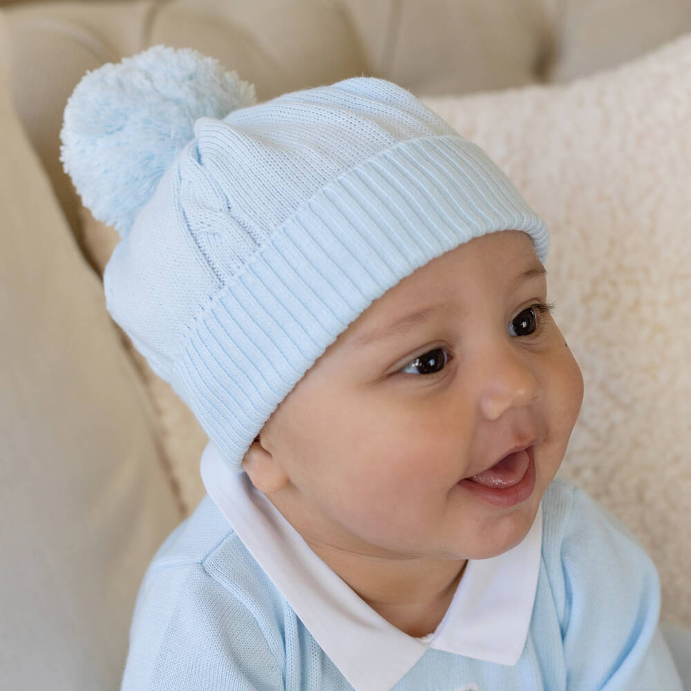 Emile et Rose-Blue Knitted Cotton Pom-Pom Baby Hat | Childrensalon Outlet