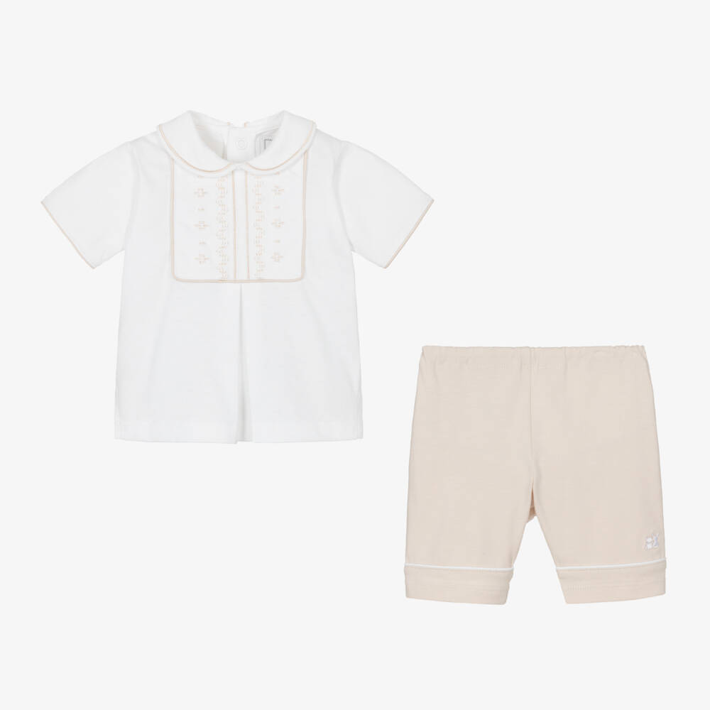 Emile et Rose-Boys Beige & White Summer Shorts Ensemble | Childrensalon Outlet