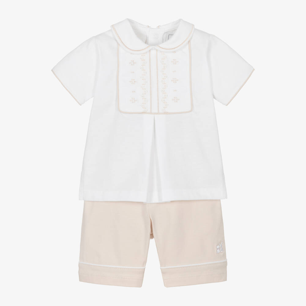 Emile et Rose-Boys Beige & White Summer Shorts Ensemble | Childrensalon Outlet