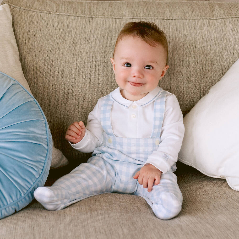 Emile et Rose-Boys Blue Check Cotton Babygrow | Childrensalon Outlet