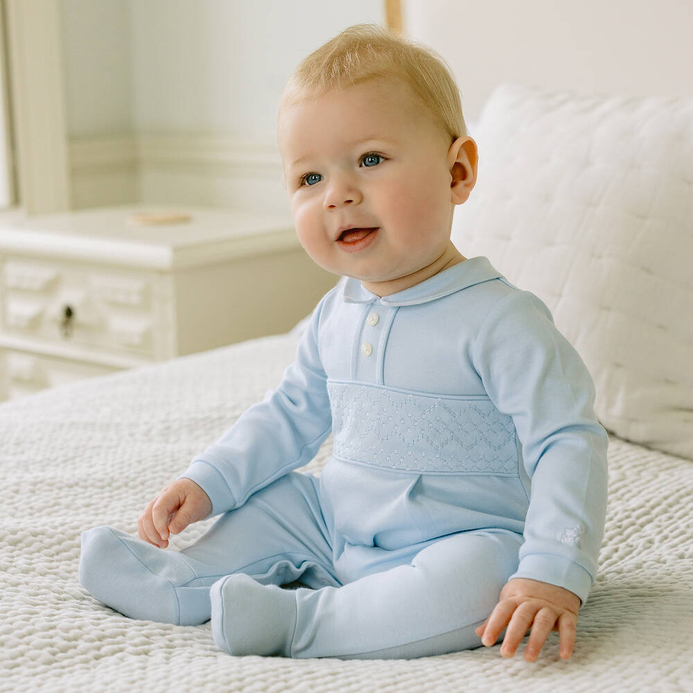 Emile et Rose-Boys Blue Cotton Embroidered Babygrow | Childrensalon Outlet