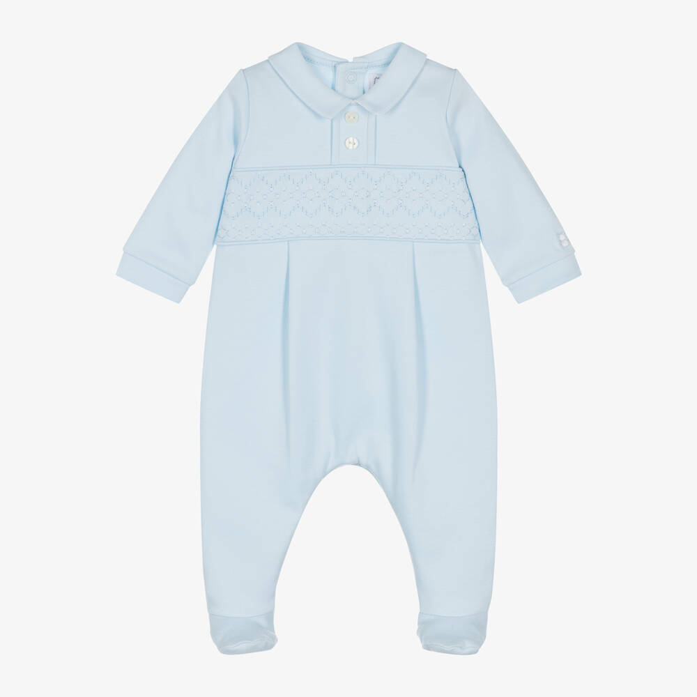 Emile et Rose-Boys Blue Cotton Embroidered Babygrow | Childrensalon Outlet