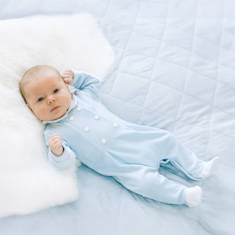 Emile et Rose-Boys Blue Velour Babygrow with White Trims | Childrensalon Outlet