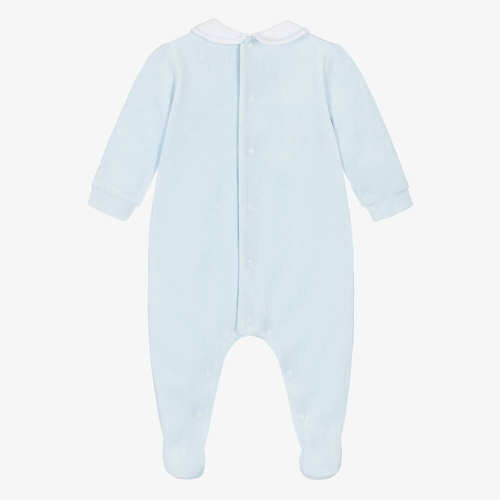 Emile et Rose-Boys Blue Velour Babygrow with White Trims | Childrensalon Outlet