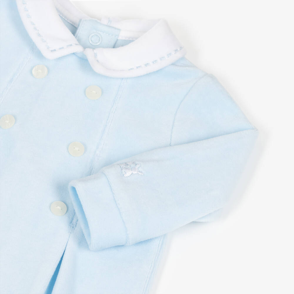 Emile et Rose-Boys Blue Velour Babygrow with White Trims | Childrensalon Outlet