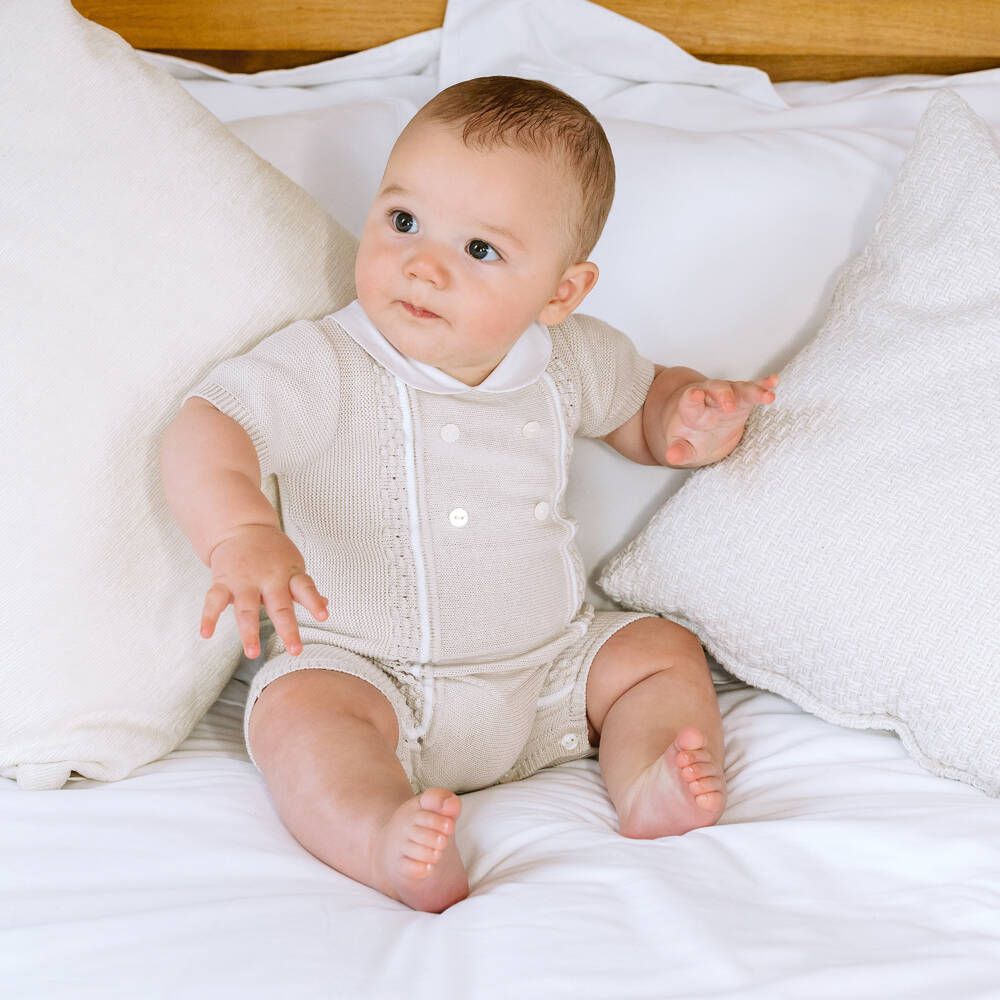 Emile et Rose-Boys Classic Beige Knit Romper | Childrensalon Outlet