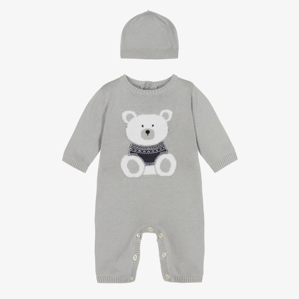 Emile et Rose - Boys Grey Cotton Knit Babysuit & Hat Set | Childrensalon