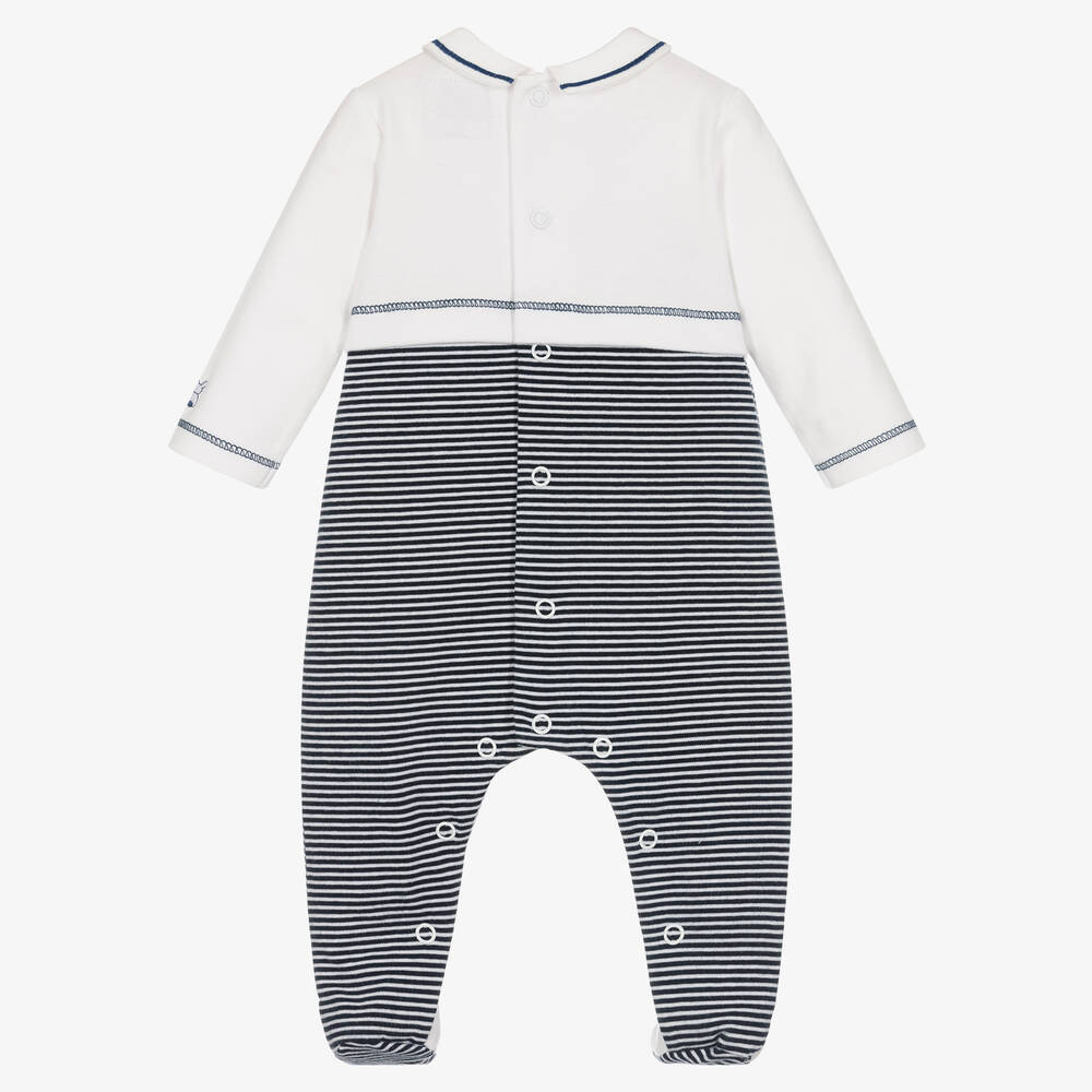 Emile et Rose-Boys Navy Blue Striped Cotton Babygrow  | Childrensalon Outlet