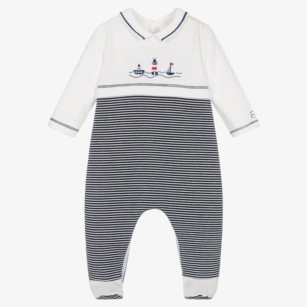 Emile et Rose - Boys Navy Blue Striped Cotton Babygrow  | Childrensalon