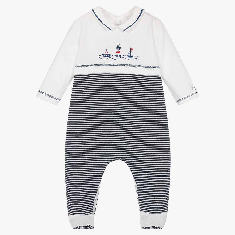 Emile et Rose - Baumwoll-Streifenstrampler navyblau  | Childrensalon