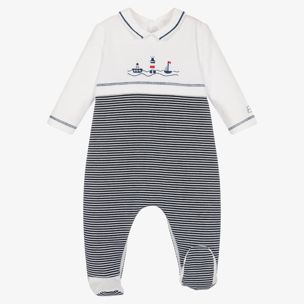 Emile et Rose-Boys Navy Blue Striped Cotton Babygrow  | Childrensalon Outlet