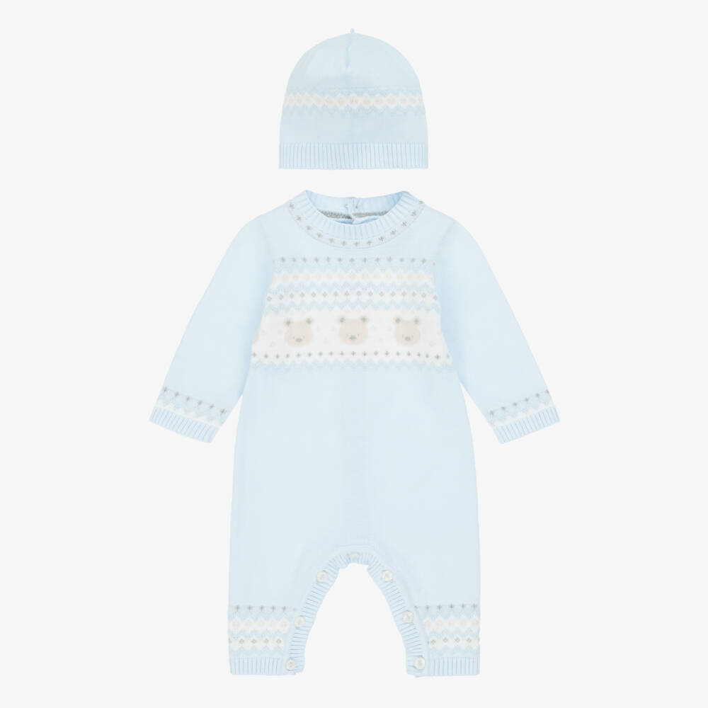 Emile et Rose-Boys Pale Blue Cotton Knit Teddy Bear Babysuit Set | Childrensalon Outlet