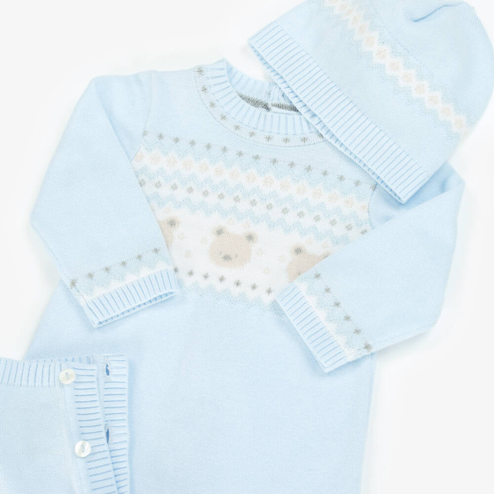 Emile et Rose-Boys Pale Blue Cotton Knit Teddy Bear Babysuit Set | Childrensalon Outlet