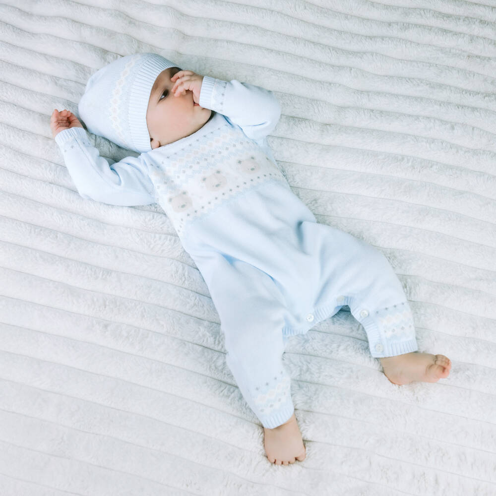 Emile et Rose-Boys Pale Blue Cotton Knit Teddy Bear Babysuit Set | Childrensalon Outlet