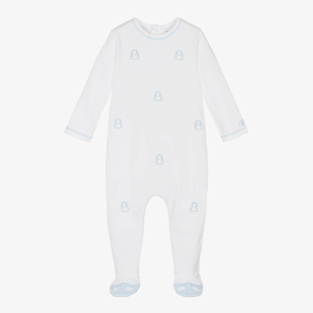 Emile et Rose-Boys White Cotton Babygrow with Blue Bear Embroidery | Childrensalon Outlet