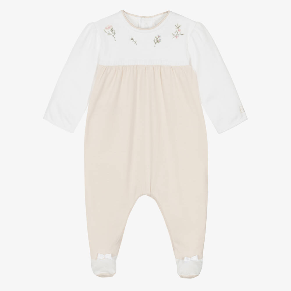 Emile et Rose-Girls Beige & White Cotton Babygrow with Floral Embroidery | Childrensalon Outlet