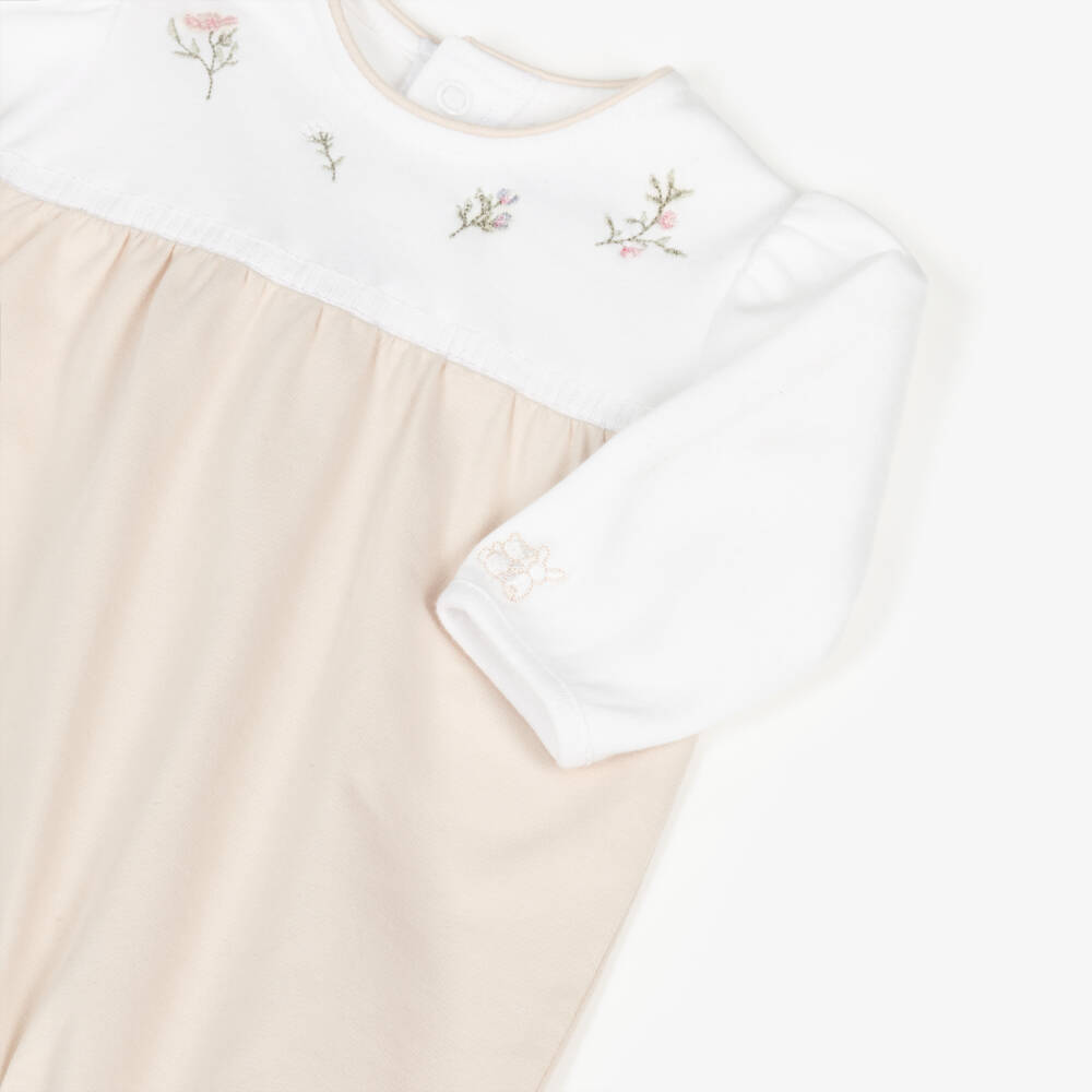 Emile et Rose-Girls Beige & White Cotton Babygrow with Floral Embroidery | Childrensalon Outlet
