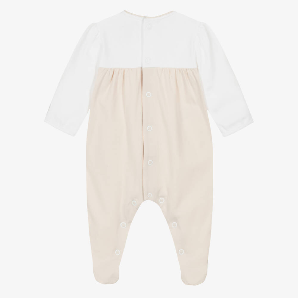 Emile et Rose-Girls Beige & White Cotton Babygrow with Floral Embroidery | Childrensalon Outlet