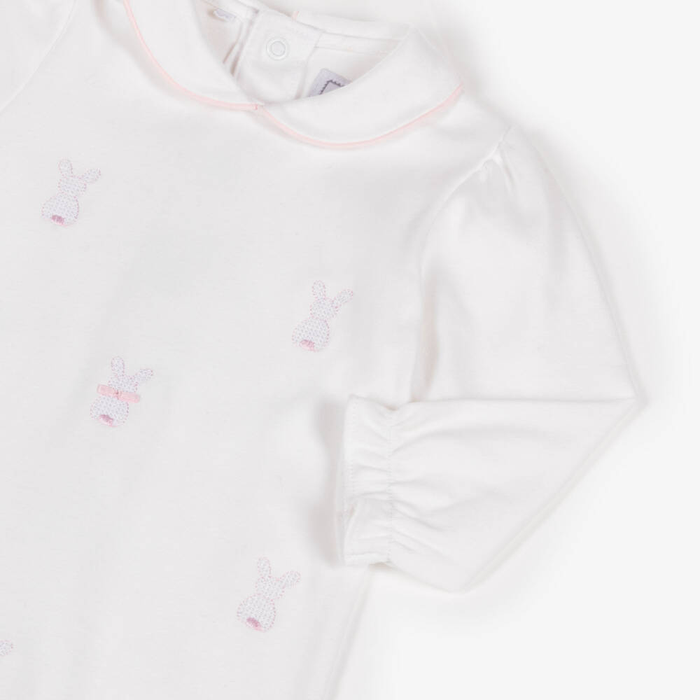Emile et Rose-Girls Off-White Cotton Babygrow Set with Embroidered Bunnies | Childrensalon Outlet