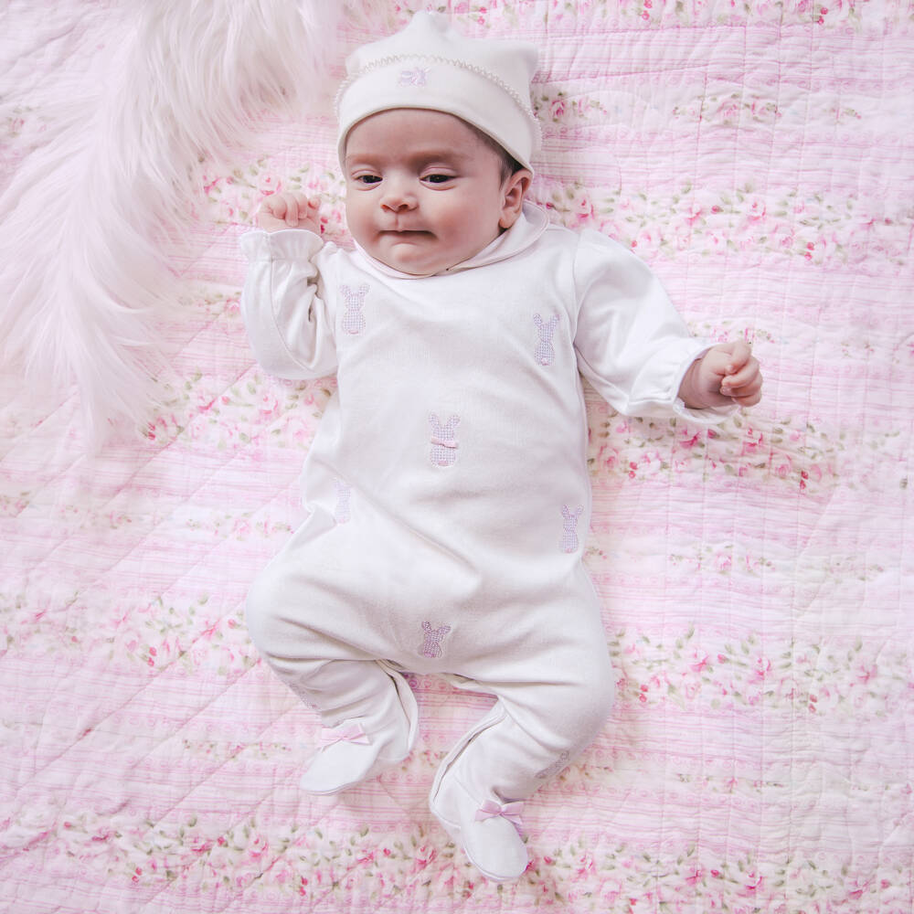 Emile et Rose-Girls Off-White Cotton Babygrow Set with Embroidered Bunnies | Childrensalon Outlet