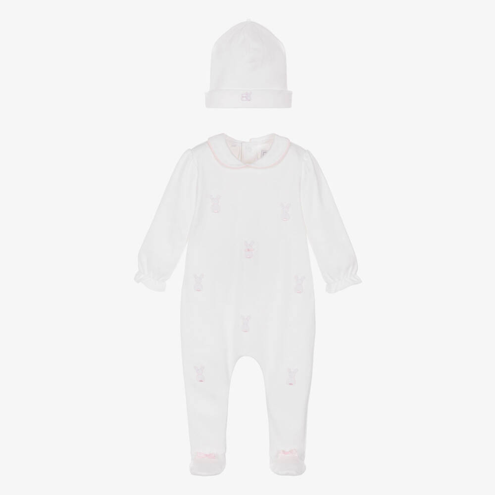 Emile et Rose-Girls Off-White Cotton Babygrow Set with Embroidered Bunnies | Childrensalon Outlet