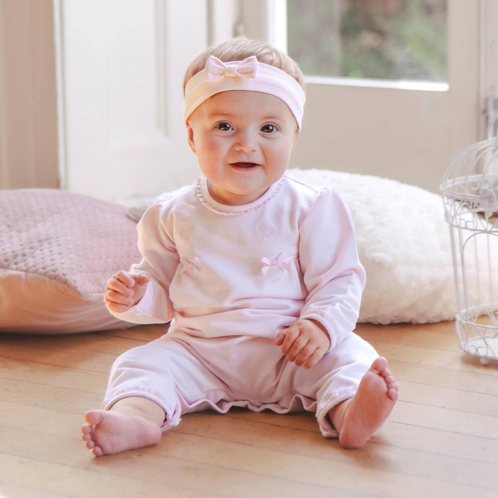 Emile et Rose-Girls Pink Cotton Babysuit Set with Heart Embroidery | Childrensalon Outlet