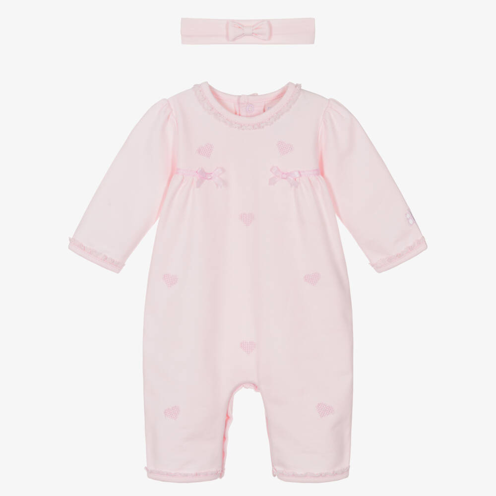 Emile et Rose-Girls Pink Cotton Babysuit Set with Heart Embroidery | Childrensalon Outlet