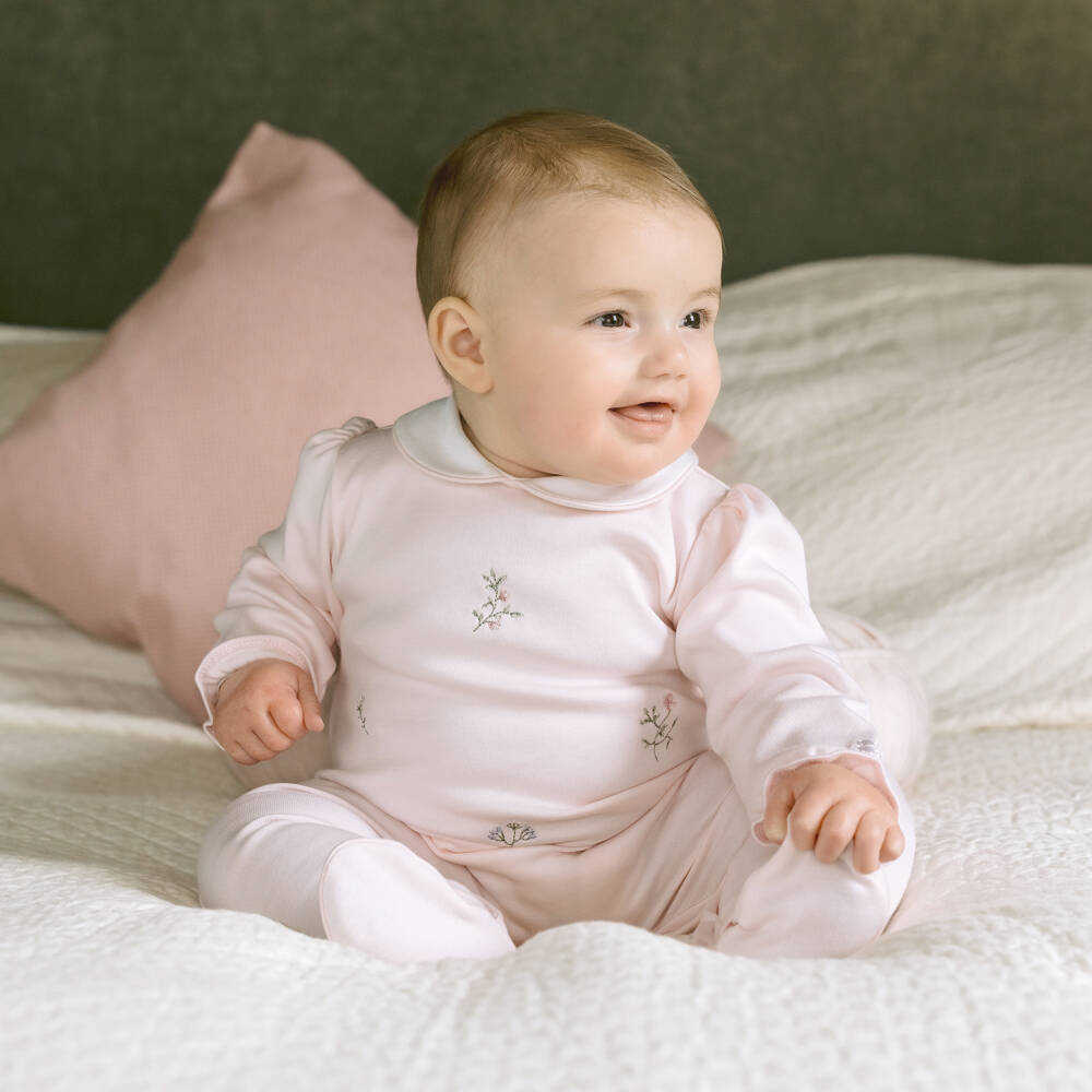 Emile et Rose-Girls Pink Cotton Jersey Embroidered Babygrow | Childrensalon Outlet
