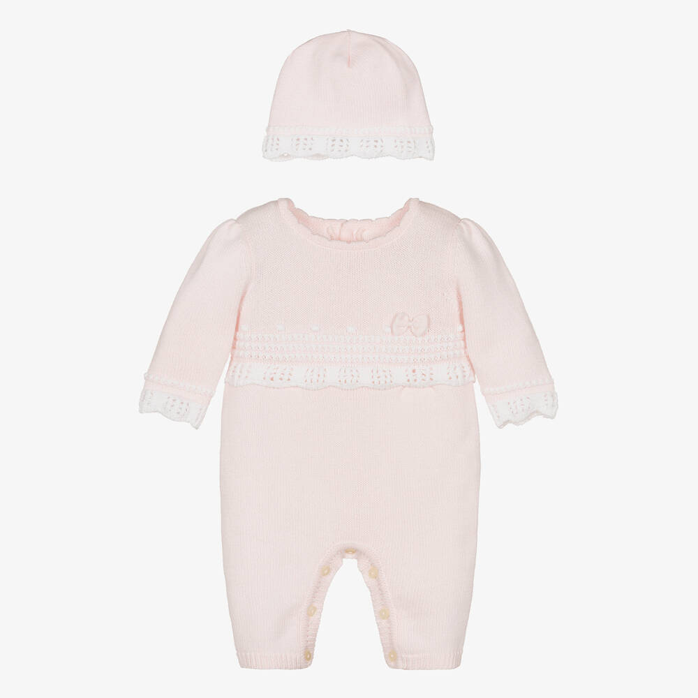 Emile et Rose - Girls Pink Knitted Cotton Babysuit Set | Childrensalon