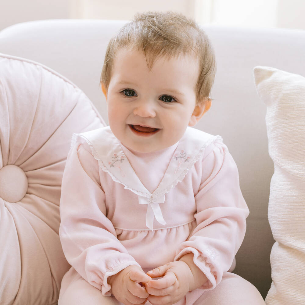 Emile et Rose-Girls Pink Velour Babygrow with Embroidered Collar | Childrensalon Outlet