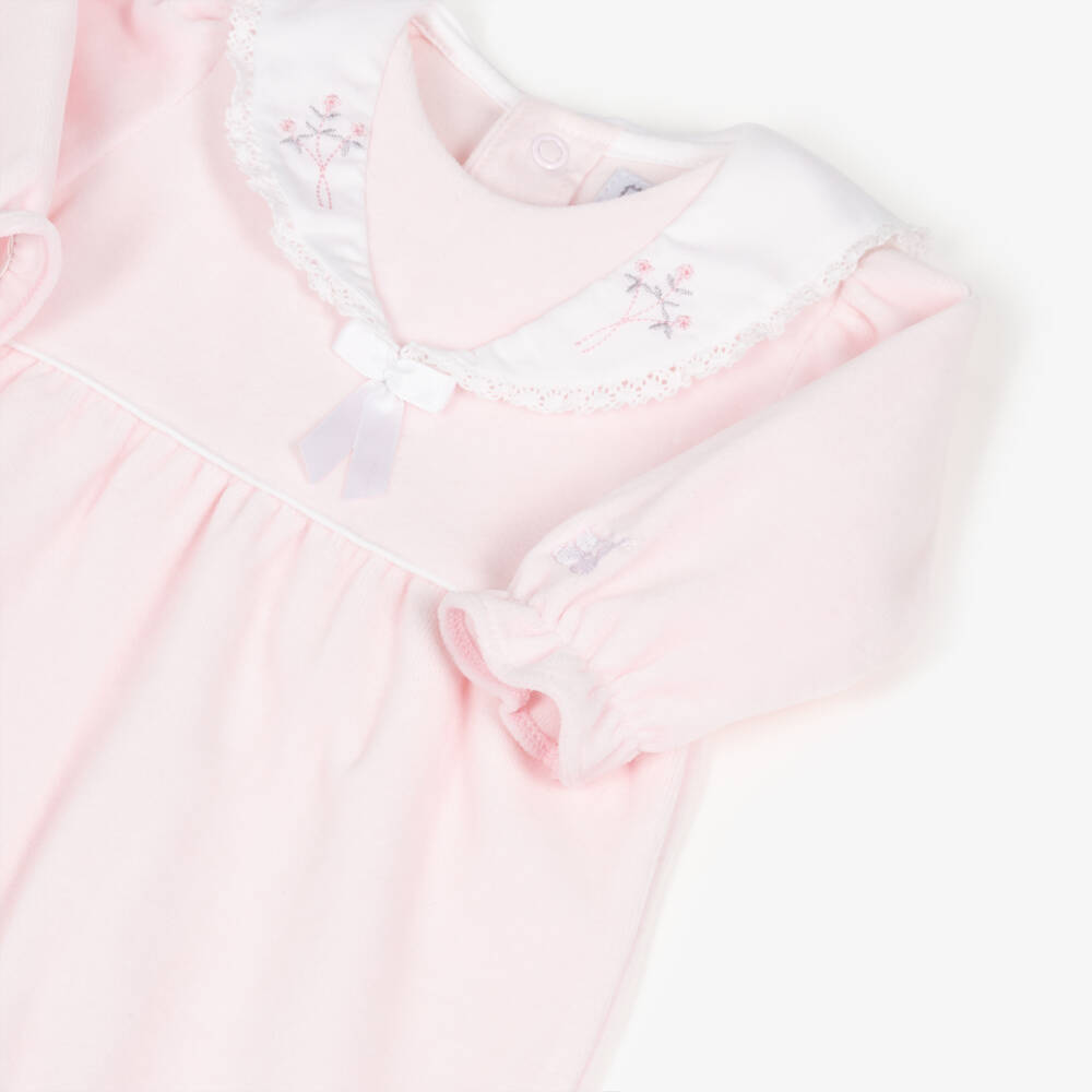 Emile et Rose-Girls Pink Velour Babygrow with Embroidered Collar | Childrensalon Outlet