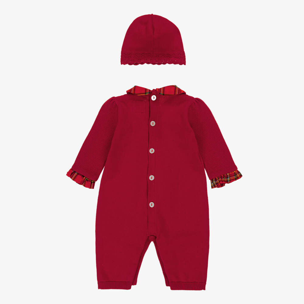 Emile et Rose-Girls Red Cotton Knit Babysuit Set with Tartan Trims | Childrensalon Outlet