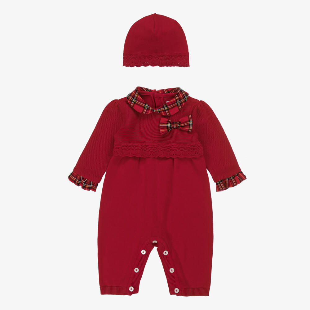 Emile et Rose-Girls Red Cotton Knit Babysuit Set with Tartan Trims | Childrensalon Outlet